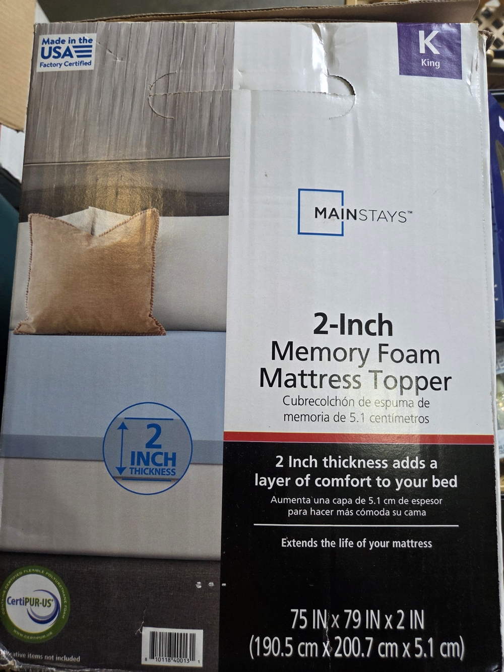 Mainstays 2-Inch Memory Foam Mattress Topper in White and Light Blue